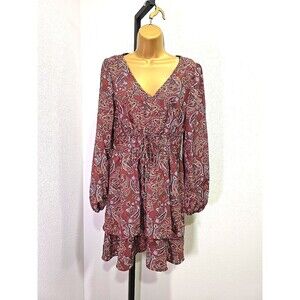 Bebop Y2K Boho Fairy Tiered Ruffled Brown Paisley V-Neck Dress Womens Med Date